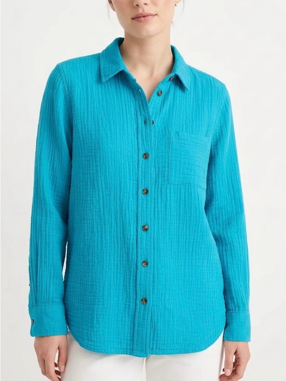J.Crew Factory Teal Blue Double Gauze Button Up Shirt Small Coastal Boho
